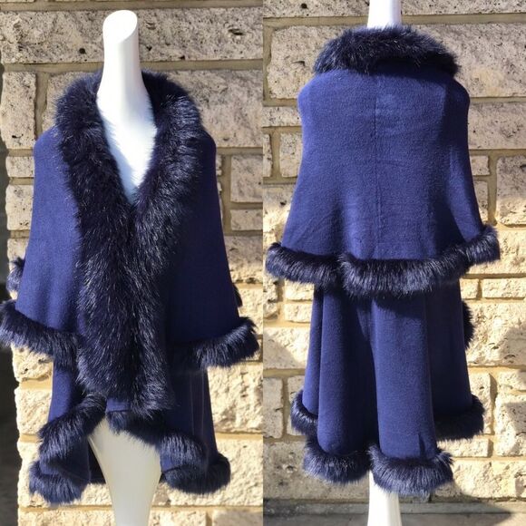 New Version! Fluffy Navy Blue double layer Faux Fur CAPE Coat - Picture 5 of 10